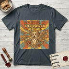 Believe in the Power of Dog Rescue Mutt T-Shirt flat lay in Dark Heather Grey, featuring a retro 1970s groovy poster of a grinning rescue mutt with a radiating sunburst and swirling florals.