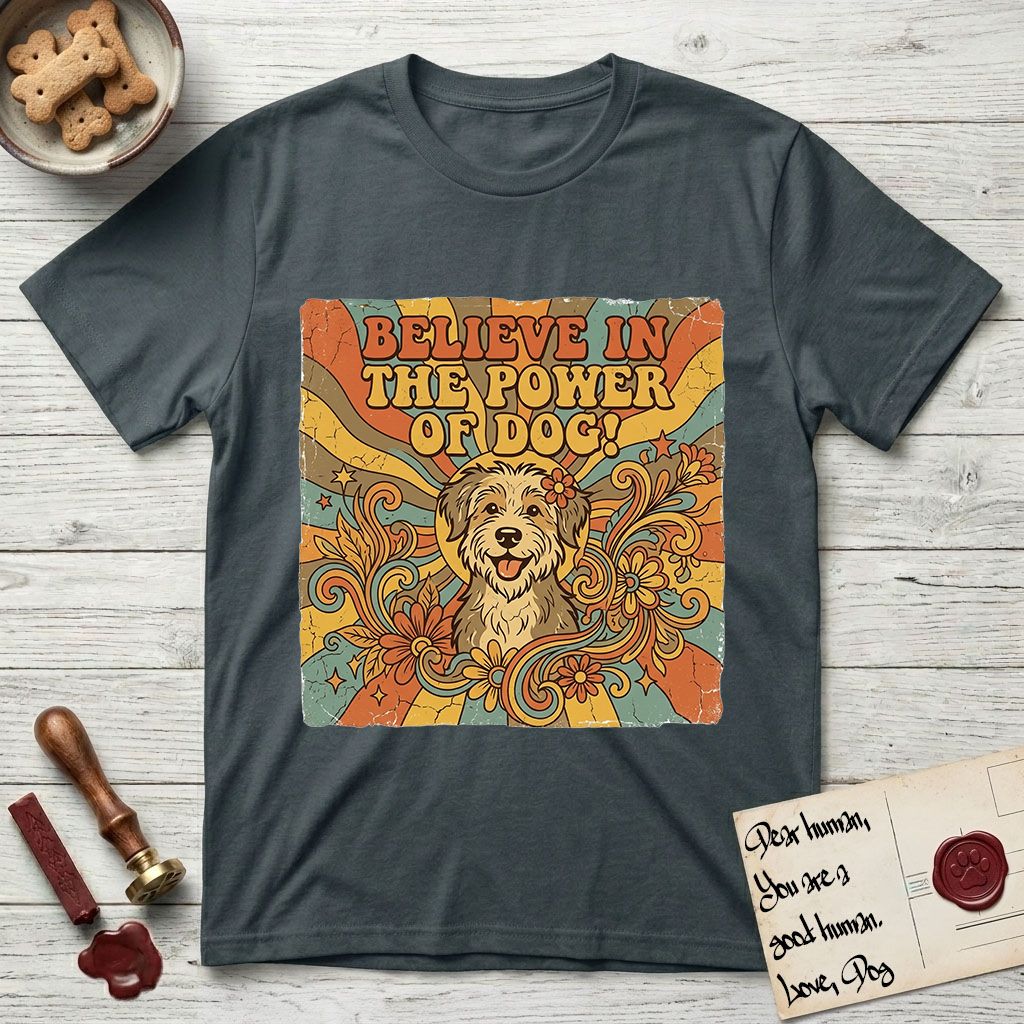 Believe in the Power of Dog Rescue Mutt T-Shirt flat lay in Dark Heather Grey, featuring a retro 1970s groovy poster of a grinning rescue mutt with a radiating sunburst and swirling florals.