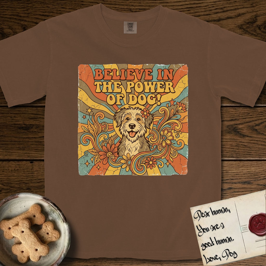Believe in the Power of Dog Rescue Mutt T-Shirt flat lay in Espresso, featuring a retro 1970s groovy poster of a grinning rescue mutt with a radiating sunburst and swirling florals.
