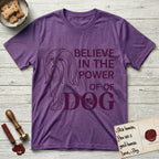 Believe in the Power of Dog Shih Tzu Line Drawing T-Shirt flat lay in Heather Purple, featuring a clean single-color line drawing of a long-coated Shih Tzu beside the stacked words Believe in the Power of Dog with a paw print pressed into the O.