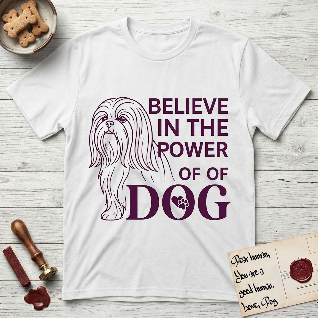 Believe in the Power of Dog Shih Tzu Line Drawing T-Shirt flat lay in White, featuring a clean single-color line drawing of a long-coated Shih Tzu beside the stacked words Believe in the Power of Dog with a paw print pressed into the O.