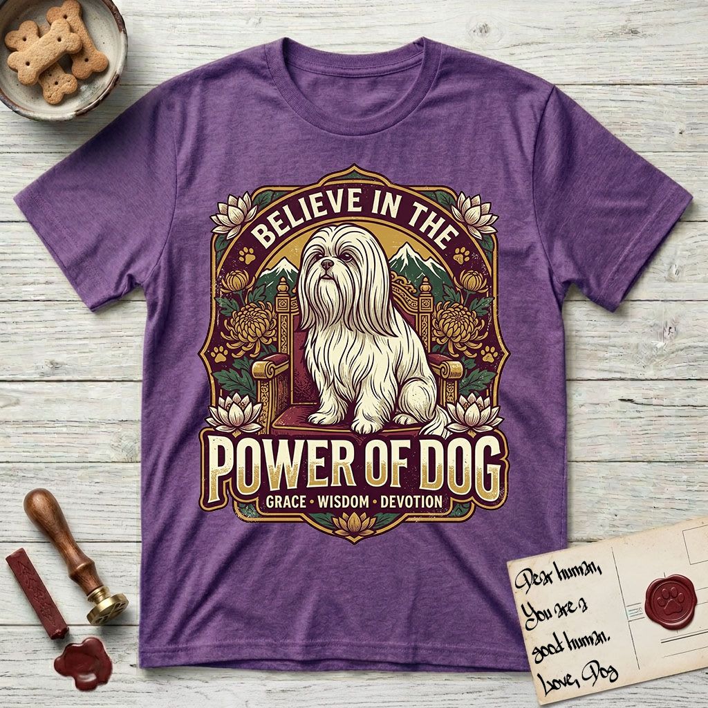 Believe in the Power of Dog Shih Tzu Throne T-Shirt flat lay in Heather Purple, featuring an ornate dark badge with a Shih Tzu seated on a throne among chrysanthemums, lotus blossoms and mountain landscapes, and the words Grace, Wisdom, Devotion.