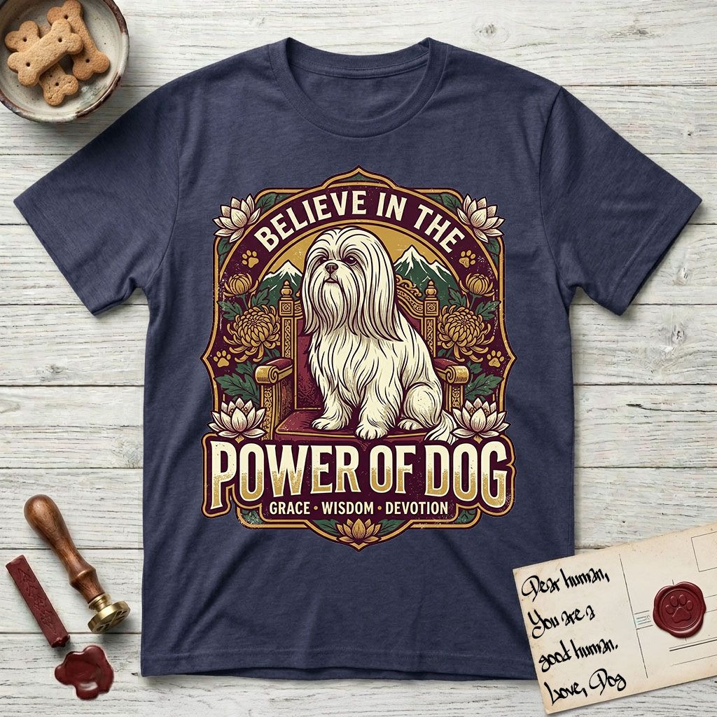 Believe in the Power of Dog Shih Tzu Throne T-Shirt flat lay in Navy, featuring an ornate dark badge with a Shih Tzu seated on a throne among chrysanthemums, lotus blossoms and mountain landscapes, and the words Grace, Wisdom, Devotion.