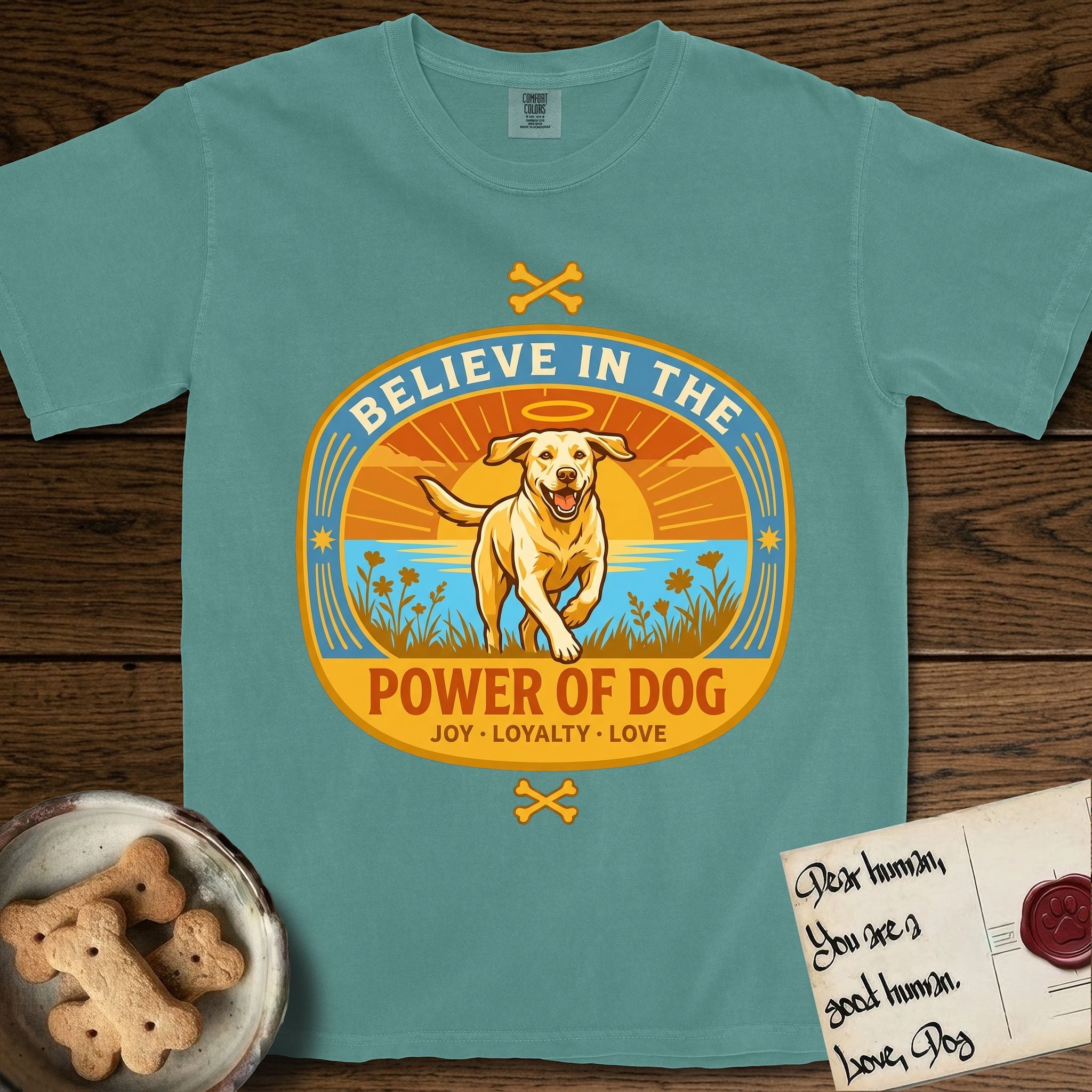 Believe in the Power of Dog Yellow Lab T-Shirt flat lay in Blue Spruce, featuring a vintage oval badge with a haloed Yellow Lab running through a field of wildflowers and the words Joy, Loyalty, Love.