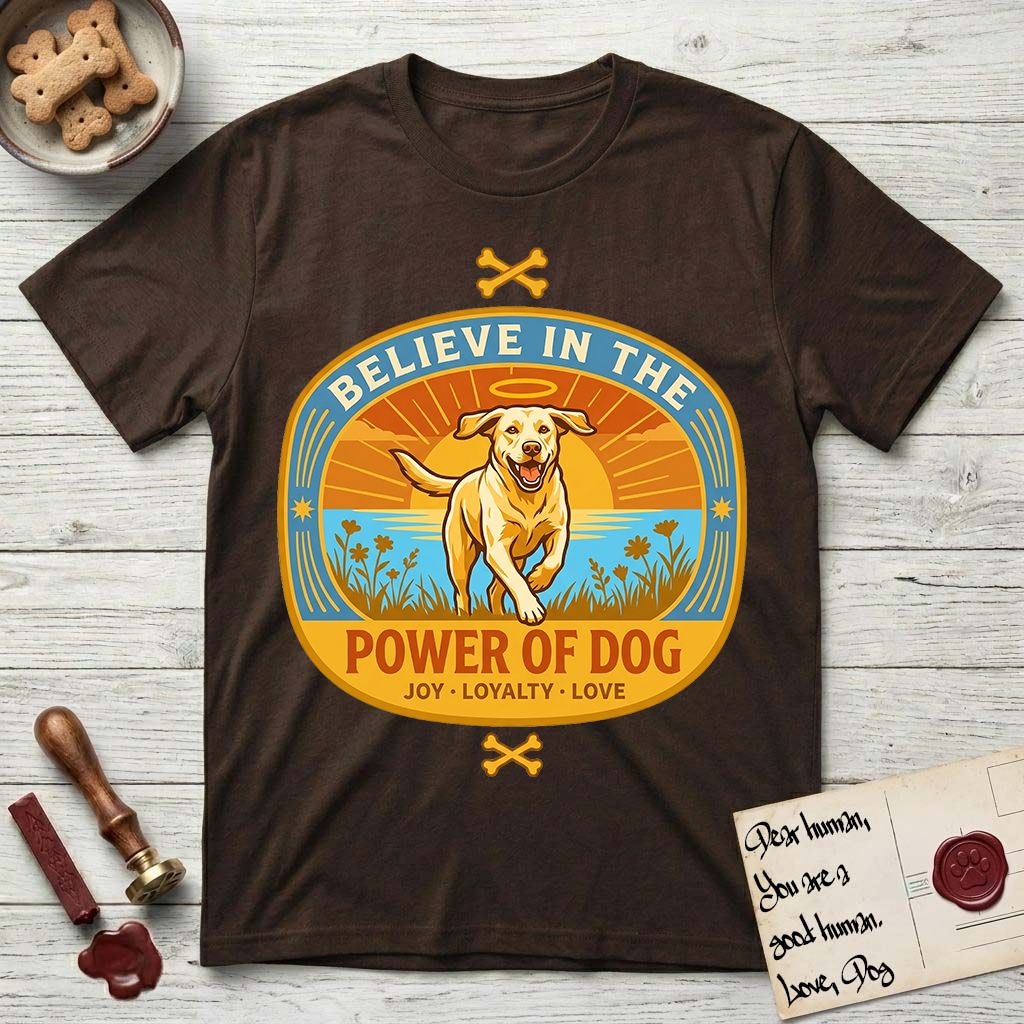 Believe in the Power of Dog Yellow Lab T-Shirt flat lay in Dark Chocolate, featuring a vintage oval badge with a haloed Yellow Lab running through a field of wildflowers and the words Joy, Loyalty, Love.