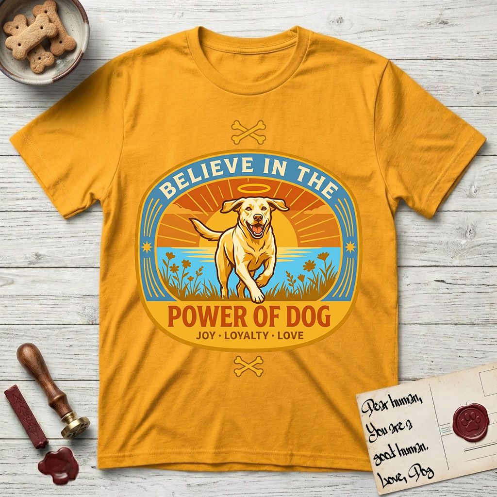 Believe in the Power of Dog Yellow Lab T-Shirt flat lay in Gold, featuring a vintage oval badge with a haloed Yellow Lab running through a field of wildflowers and the words Joy, Loyalty, Love.
