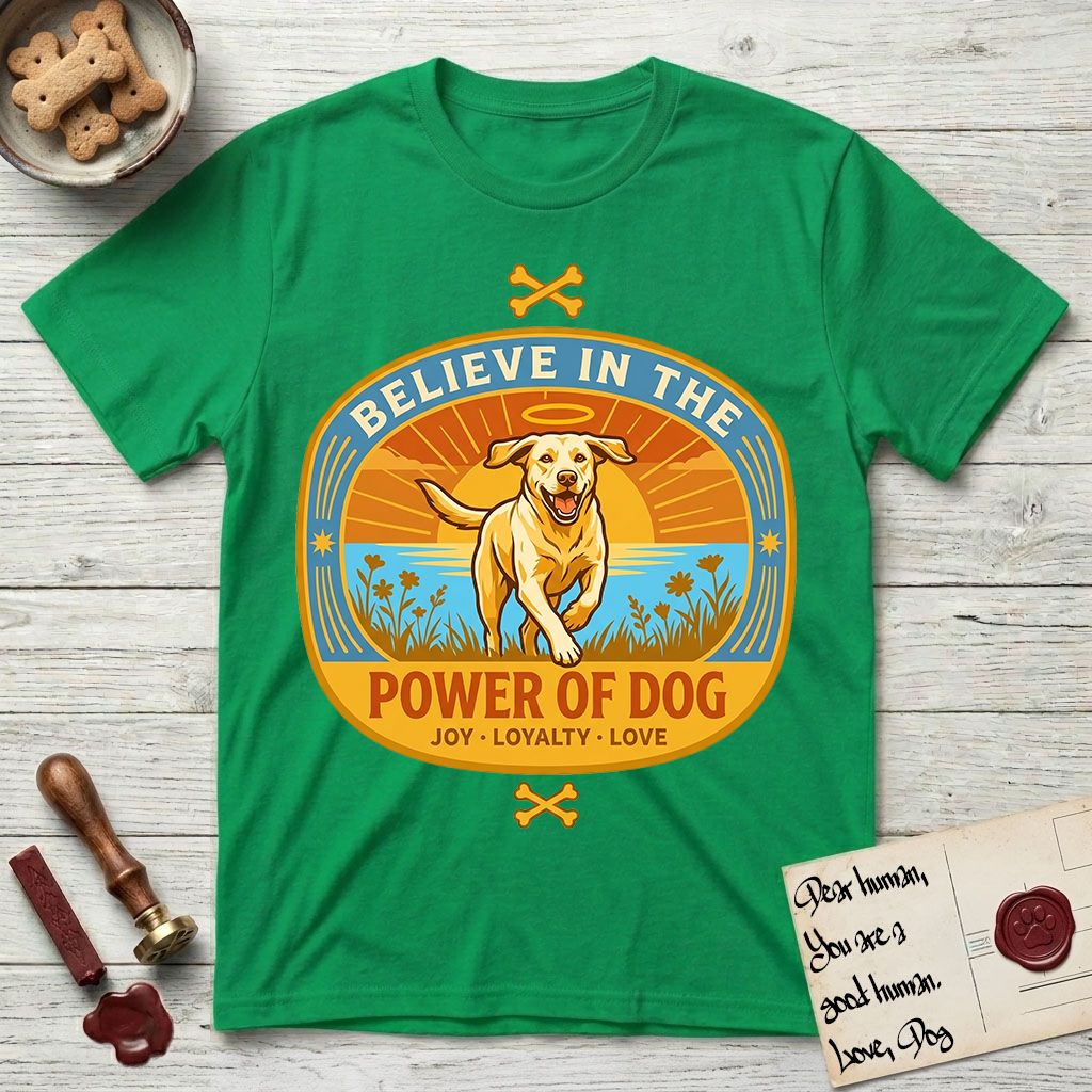 Believe in the Power of Dog Yellow Lab T-Shirt flat lay in Irish Green, featuring a vintage oval badge with a haloed Yellow Lab running through a field of wildflowers and the words Joy, Loyalty, Love.