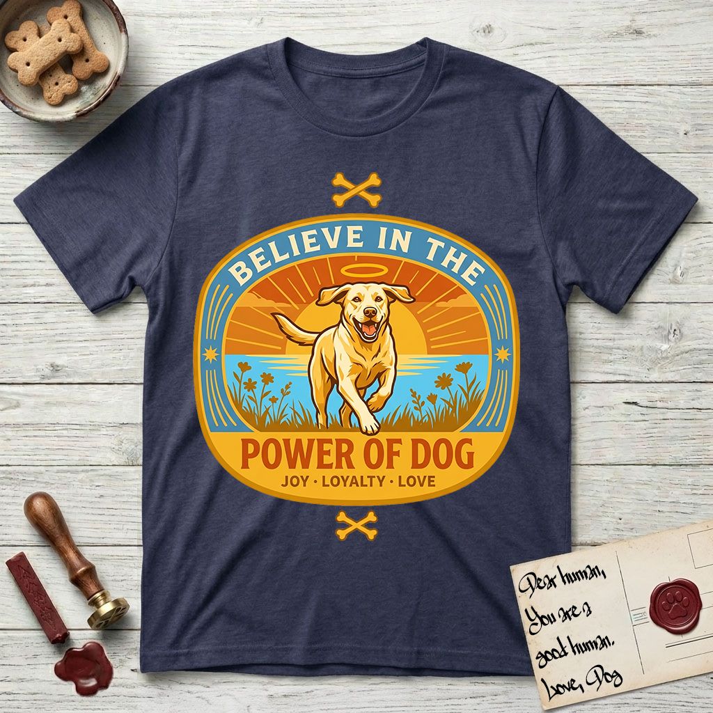 Believe in the Power of Dog Yellow Lab T-Shirt flat lay in Navy, featuring a vintage oval badge with a haloed Yellow Lab running through a field of wildflowers and the words Joy, Loyalty, Love.