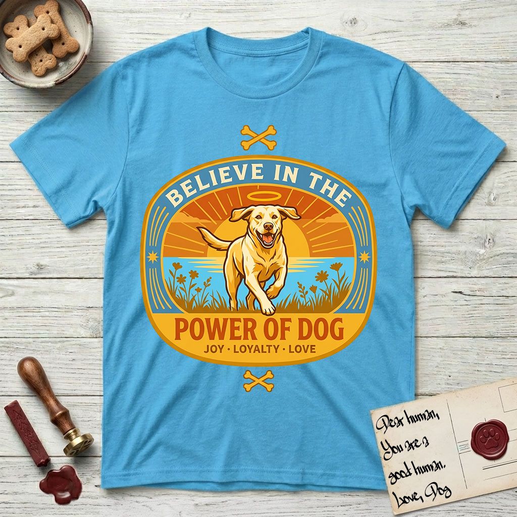 Believe in the Power of Dog Yellow Lab T-Shirt flat lay in Sky, featuring a vintage oval badge with a haloed Yellow Lab running through a field of wildflowers and the words Joy, Loyalty, Love.