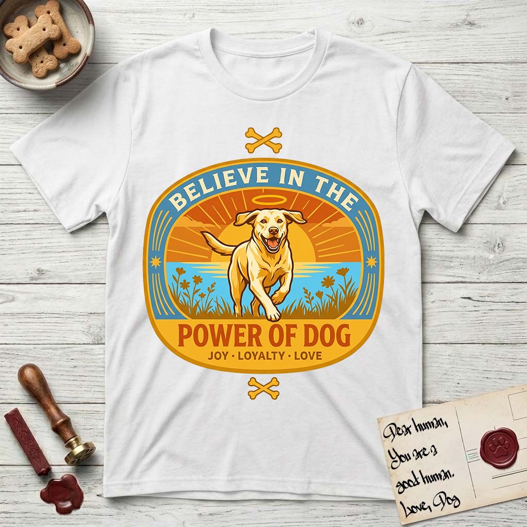 Believe in the Power of Dog Yellow Lab T-Shirt flat lay in White, featuring a vintage oval badge with a haloed Yellow Lab running through a field of wildflowers and the words Joy, Loyalty, Love.