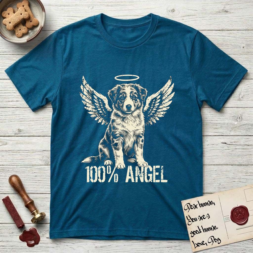 Australian Shepherd T-Shirt flat lay in Antique Sapphire, featuring Distressed cream one-color screen-print of a blue merle Australian Shepherd puppy as an angel, wings raised and a halo above, with 100% ANGEL lettering across the bottom.