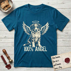 Australian Shepherd T-Shirt flat lay in Antique Sapphire, featuring Distressed cream one-color screen-print of a blue merle Australian Shepherd puppy as an angel, wings raised and a halo above, with 100% ANGEL lettering across the bottom.