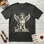 Australian Shepherd T-Shirt flat lay in Charcoal, featuring Distressed cream one-color screen-print of a blue merle Australian Shepherd puppy as an angel, wings raised and a halo above, with 100% ANGEL lettering across the bottom.