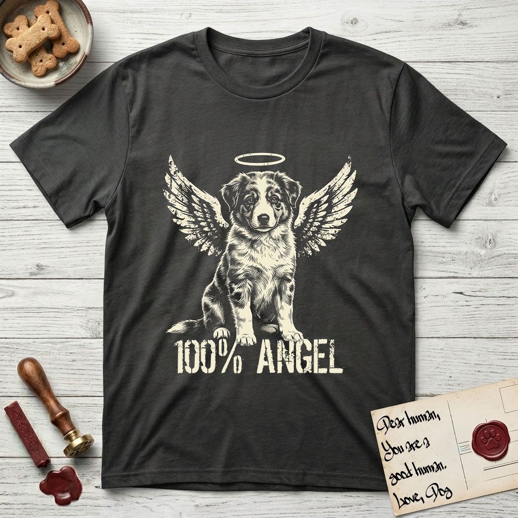 Australian Shepherd T-Shirt flat lay in Charcoal, featuring Distressed cream one-color screen-print of a blue merle Australian Shepherd puppy as an angel, wings raised and a halo above, with 100% ANGEL lettering across the bottom.
