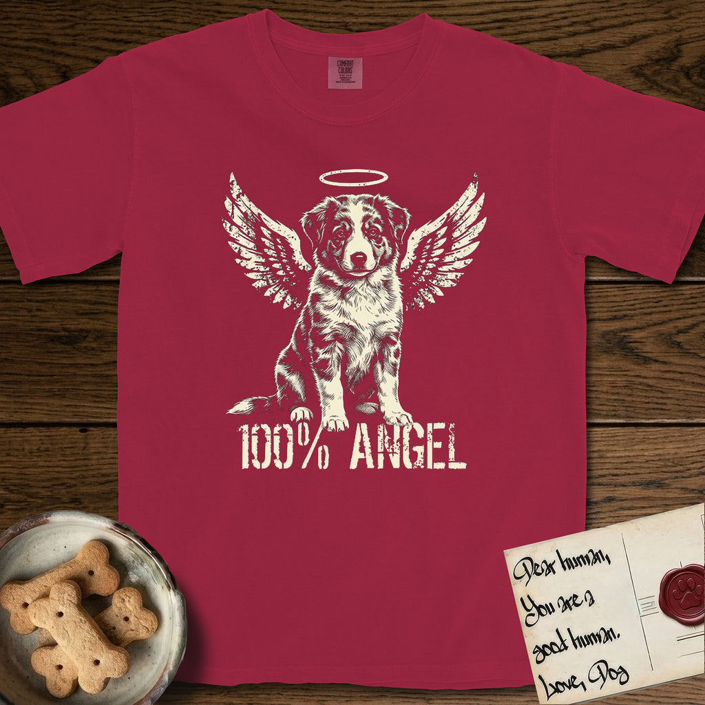 Australian Shepherd T-Shirt flat lay in Chili, featuring Distressed cream one-color screen-print of a blue merle Australian Shepherd puppy as an angel, wings raised and a halo above, with 100% ANGEL lettering across the bottom.