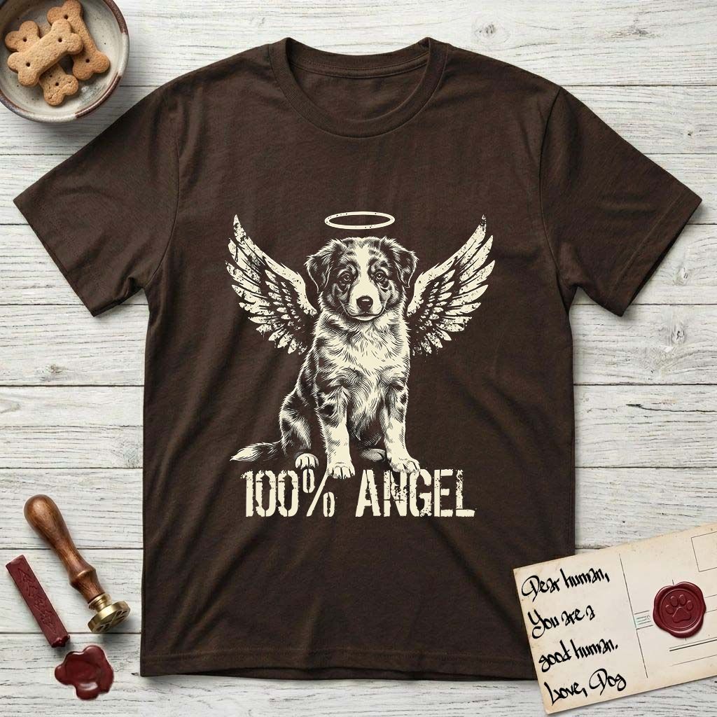 Australian Shepherd T-Shirt flat lay in Dark Chocolate, featuring Distressed cream one-color screen-print of a blue merle Australian Shepherd puppy as an angel, wings raised and a halo above, with 100% ANGEL lettering across the bottom.