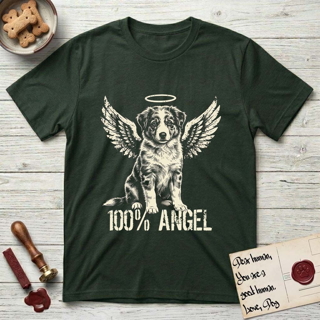 Australian Shepherd T-Shirt flat lay in Forest Green, featuring Distressed cream one-color screen-print of a blue merle Australian Shepherd puppy as an angel, wings raised and a halo above, with 100% ANGEL lettering across the bottom.