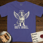 Australian Shepherd T-Shirt flat lay in Grape, featuring Distressed cream one-color screen-print of a blue merle Australian Shepherd puppy as an angel, wings raised and a halo above, with 100% ANGEL lettering across the bottom.