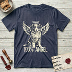 Australian Shepherd T-Shirt flat lay in Heather Navy, featuring Distressed cream one-color screen-print of a blue merle Australian Shepherd puppy as an angel, wings raised and a halo above, with 100% ANGEL lettering across the bottom.