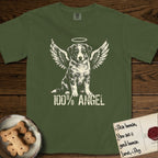 Australian Shepherd T-Shirt flat lay in Hemp, featuring Distressed cream one-color screen-print of a blue merle Australian Shepherd puppy as an angel, wings raised and a halo above, with 100% ANGEL lettering across the bottom.