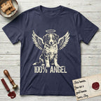 Australian Shepherd T-Shirt flat lay in Navy, featuring Distressed cream one-color screen-print of a blue merle Australian Shepherd puppy as an angel, wings raised and a halo above, with 100% ANGEL lettering across the bottom.