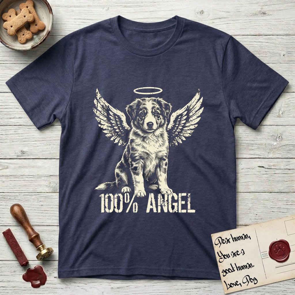Australian Shepherd T-Shirt flat lay in Navy, featuring Distressed cream one-color screen-print of a blue merle Australian Shepherd puppy as an angel, wings raised and a halo above, with 100% ANGEL lettering across the bottom.