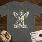 Australian Shepherd T-Shirt flat lay in Pepper, featuring Distressed cream one-color screen-print of a blue merle Australian Shepherd puppy as an angel, wings raised and a halo above, with 100% ANGEL lettering across the bottom.