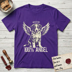 Australian Shepherd T-Shirt flat lay in Purple, featuring Distressed cream one-color screen-print of a blue merle Australian Shepherd puppy as an angel, wings raised and a halo above, with 100% ANGEL lettering across the bottom.
