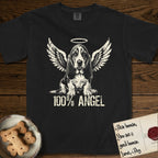 Basset Hound T-Shirt flat lay in Black, featuring Distressed cream one-color screen-print of a Basset Hound puppy as an angel, long ears draping forward, wings spread and a halo above, with 100% ANGEL lettering across the bottom.
