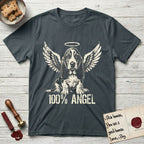 Basset Hound T-Shirt flat lay in Dark Heather Grey, featuring Distressed cream one-color screen-print of a Basset Hound puppy as an angel, long ears draping forward, wings spread and a halo above, with 100% ANGEL lettering across the bottom.