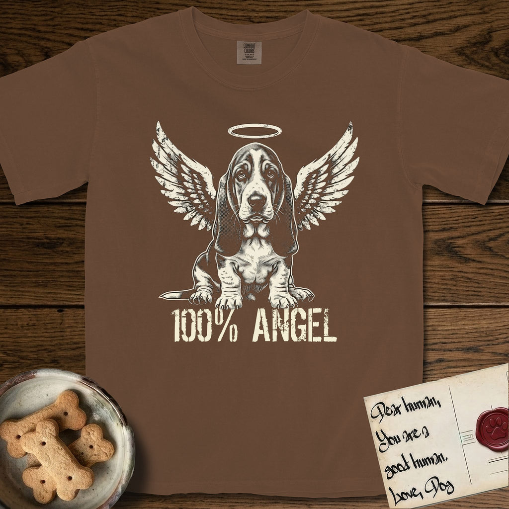 Basset Hound T-Shirt flat lay in Espresso, featuring Distressed cream one-color screen-print of a Basset Hound puppy as an angel, long ears draping forward, wings spread and a halo above, with 100% ANGEL lettering across the bottom.