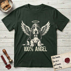 Basset Hound T-Shirt flat lay in Forest Green, featuring Distressed cream one-color screen-print of a Basset Hound puppy as an angel, long ears draping forward, wings spread and a halo above, with 100% ANGEL lettering across the bottom.