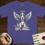 Basset Hound T-Shirt flat lay in Grape, featuring Distressed cream one-color screen-print of a Basset Hound puppy as an angel, long ears draping forward, wings spread and a halo above, with 100% ANGEL lettering across the bottom.
