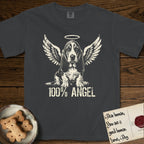 Basset Hound T-Shirt flat lay in Graphite, featuring Distressed cream one-color screen-print of a Basset Hound puppy as an angel, long ears draping forward, wings spread and a halo above, with 100% ANGEL lettering across the bottom.