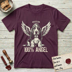 Basset Hound T-Shirt flat lay in Maroon, featuring Distressed cream one-color screen-print of a Basset Hound puppy as an angel, long ears draping forward, wings spread and a halo above, with 100% ANGEL lettering across the bottom.