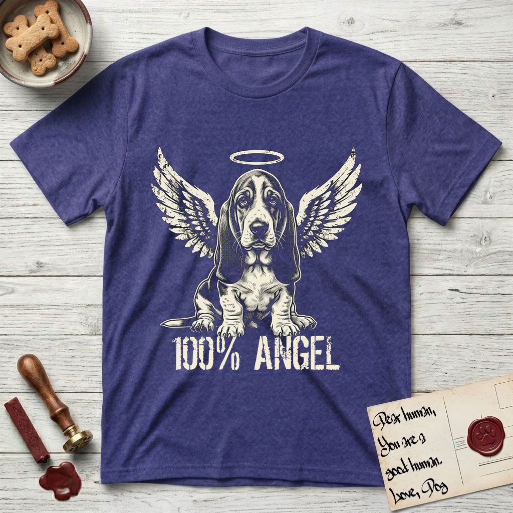 Basset Hound T-Shirt flat lay in Metro Blue, featuring Distressed cream one-color screen-print of a Basset Hound puppy as an angel, long ears draping forward, wings spread and a halo above, with 100% ANGEL lettering across the bottom.