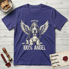 Basset Hound T-Shirt flat lay in Metro Blue, featuring Distressed cream one-color screen-print of a Basset Hound puppy as an angel, long ears draping forward, wings spread and a halo above, with 100% ANGEL lettering across the bottom.