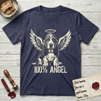 Basset Hound T-Shirt flat lay in Navy, featuring Distressed cream one-color screen-print of a Basset Hound puppy as an angel, long ears draping forward, wings spread and a halo above, with 100% ANGEL lettering across the bottom.