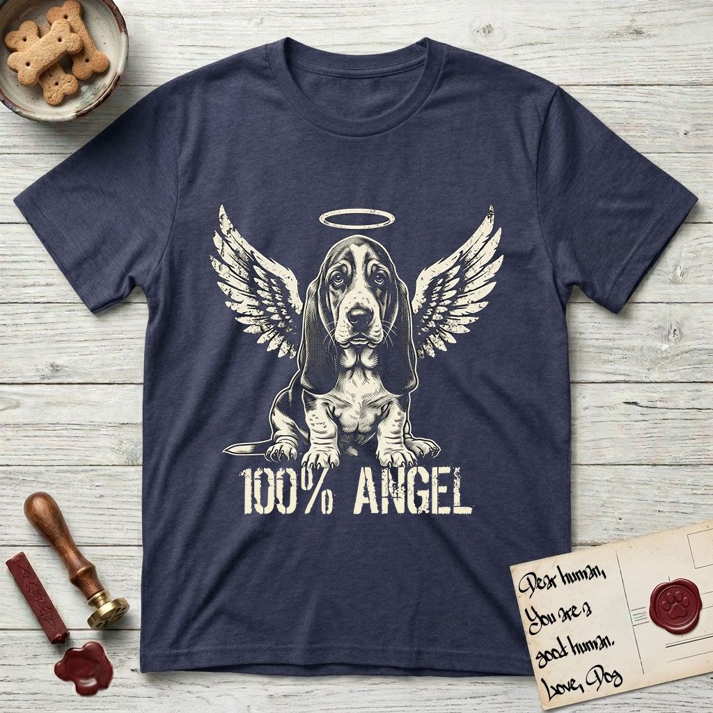 Basset Hound T-Shirt flat lay in Navy, featuring Distressed cream one-color screen-print of a Basset Hound puppy as an angel, long ears draping forward, wings spread and a halo above, with 100% ANGEL lettering across the bottom.