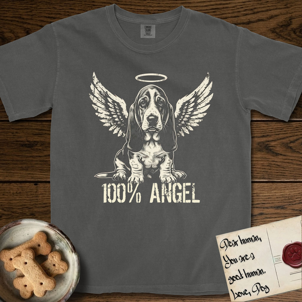 Basset Hound T-Shirt flat lay in Pepper, featuring Distressed cream one-color screen-print of a Basset Hound puppy as an angel, long ears draping forward, wings spread and a halo above, with 100% ANGEL lettering across the bottom.