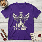 Basset Hound T-Shirt flat lay in Purple, featuring Distressed cream one-color screen-print of a Basset Hound puppy as an angel, long ears draping forward, wings spread and a halo above, with 100% ANGEL lettering across the bottom.