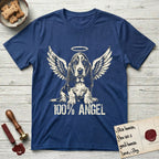 Basset Hound T-Shirt flat lay in Royal, featuring Distressed cream one-color screen-print of a Basset Hound puppy as an angel, long ears draping forward, wings spread and a halo above, with 100% ANGEL lettering across the bottom.