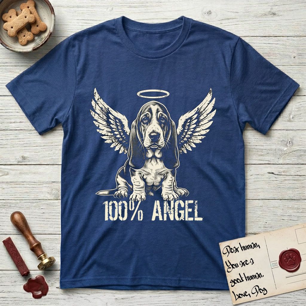 Basset Hound T-Shirt flat lay in Royal, featuring Distressed cream one-color screen-print of a Basset Hound puppy as an angel, long ears draping forward, wings spread and a halo above, with 100% ANGEL lettering across the bottom.