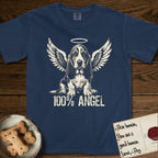 Basset Hound T-Shirt flat lay in True Navy, featuring Distressed cream one-color screen-print of a Basset Hound puppy as an angel, long ears draping forward, wings spread and a halo above, with 100% ANGEL lettering across the bottom.
