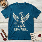 Bernese Mountain Dog T-Shirt flat lay in Antique Sapphire, featuring Distressed cream one-color screen-print of a Bernese Mountain Dog puppy as an angel, three-quarter sitting pose with bushy tail curled, wings spread and a halo above, with 100% ANGEL lettering across the bottom.