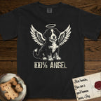 Bernese Mountain Dog T-Shirt flat lay in Black, featuring Distressed cream one-color screen-print of a Bernese Mountain Dog puppy as an angel, three-quarter sitting pose with bushy tail curled, wings spread and a halo above, with 100% ANGEL lettering across the bottom.