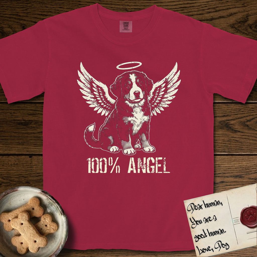 Bernese Mountain Dog T-Shirt flat lay in Chili, featuring Distressed cream one-color screen-print of a Bernese Mountain Dog puppy as an angel, three-quarter sitting pose with bushy tail curled, wings spread and a halo above, with 100% ANGEL lettering across the bottom.