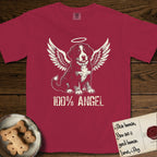 Bernese Mountain Dog T-Shirt flat lay in Chili, featuring Distressed cream one-color screen-print of a Bernese Mountain Dog puppy as an angel, three-quarter sitting pose with bushy tail curled, wings spread and a halo above, with 100% ANGEL lettering across the bottom.