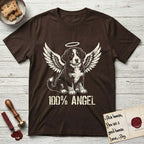 Bernese Mountain Dog T-Shirt flat lay in Dark Chocolate, featuring Distressed cream one-color screen-print of a Bernese Mountain Dog puppy as an angel, three-quarter sitting pose with bushy tail curled, wings spread and a halo above, with 100% ANGEL lettering across the bottom.