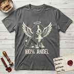 Bernese Mountain Dog T-Shirt flat lay in Dark Heather, featuring Distressed cream one-color screen-print of a Bernese Mountain Dog puppy as an angel, three-quarter sitting pose with bushy tail curled, wings spread and a halo above, with 100% ANGEL lettering across the bottom.